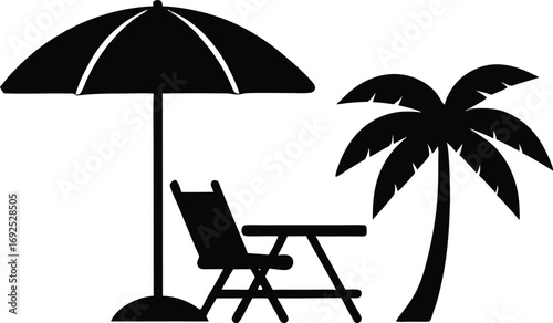Set of Beach Silhouette Icons: Umbrella, Deck Chair, Table, and Palm Tree
