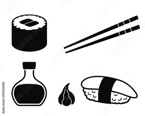 Sushi set icons chopsticks soy sauce wasabi nigiri maki roll food silhouette vector illustration white background