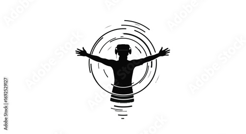 Person immersed in virtual reality with outstretched arms, surrounded by abstract digital waves.