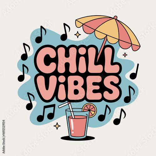 Summer chill vibes with music and refreshing drink and umbrella await for relaxing times vector