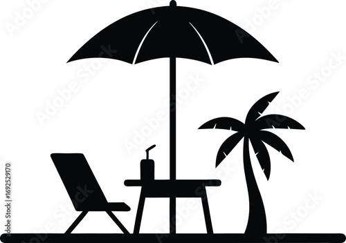 Beach Umbrella, Table, Palm Tree and Chair Silhouette Vector Illustration