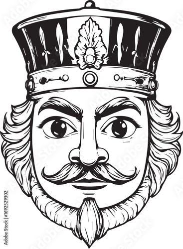 Monarch's Portrait: A stately monochrome portrait of a king, complete with a regal crown and a distinguished beard, showcasing authority and heritage.