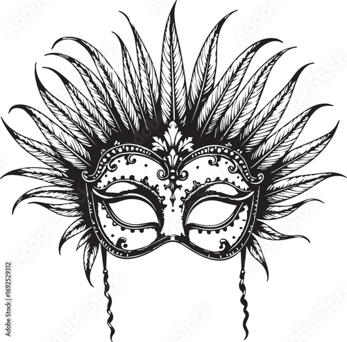 Mysterious Masquerade Mask: A black and white close-up view of an ornate masquerade mask adorned with detailed patterns and elegant feathers, hinting at the allure of a hidden identity.