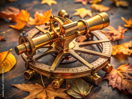 Photo of an antique brass astrolabe rests on a dark surface adorned with fallen autumn leaves, showcasing intricate details and a vintage aesthetic