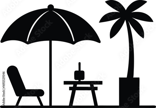 Beach Umbrella, Table, Palm Tree and Chair Silhouette Vector Illustration