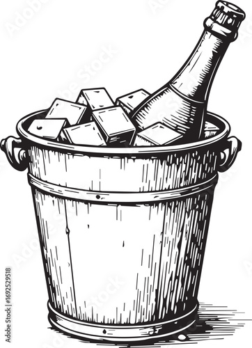 Champagne Bottle in Ice Bucket: A vintage illustration presents a champagne bottle elegantly chilled in an ice bucket, symbolizing celebration, luxury, and refined taste.