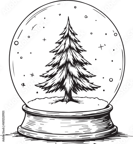 Enchanted Snow Globe: A whimsical sketch of a serene snow globe houses a festive Christmas tree, creating a magical holiday scene.