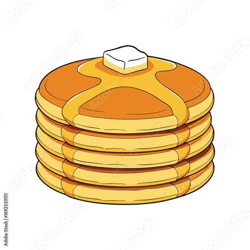 A delicious stack of fluffy golden brown pancakes covered in rich syrup and a pat of melting butter