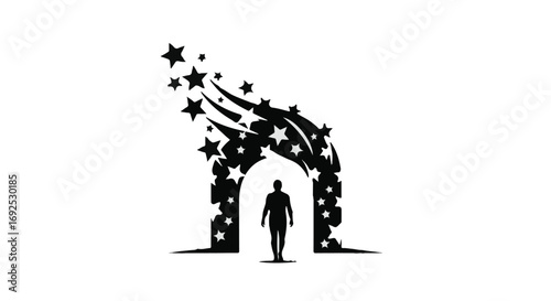 Silhouette of a person walking through a starry portal towards a new beginning.