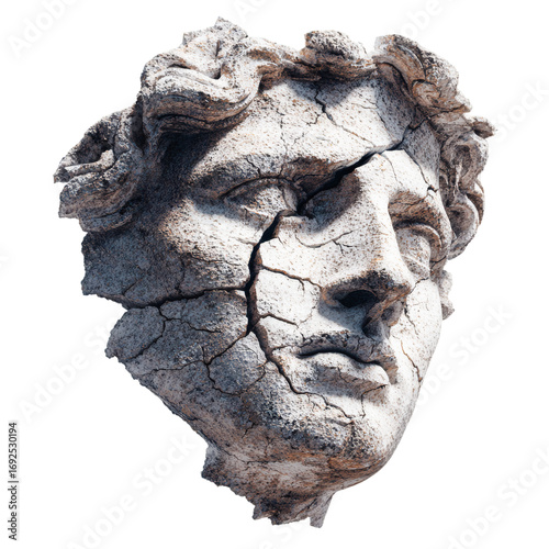 Cracked Stone Sculpture of Human Head on Transparent Background