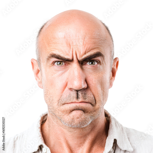 Angry Man with Thin Eyebrows Portrait on Transparent Background