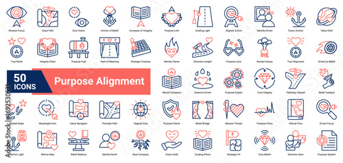 A collection of Purpose Alignment icons. Containing vision, values, belief, direction, integrity, identity, and core focus. Ideal for leadership, culture, and mission clarity.