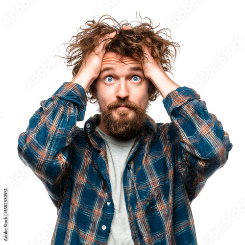 Realistic Portrait of Stressed Man with Plaid Shirt on Transparent Background