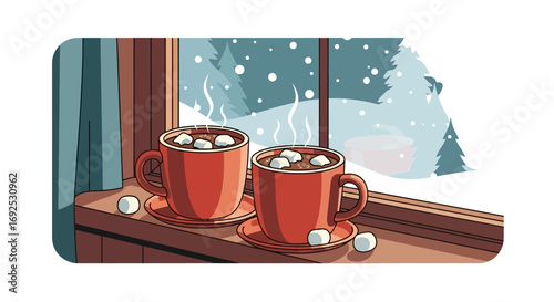 Cozy winter scene with two steaming mugs of hot chocolate topped with marshmallows, sitting on a windowsill with falling snow outside, evoking warmth and comfort during the holiday season