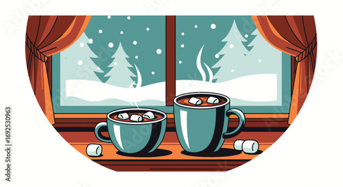 Warm Winter Evening with Hot Cocoa and Marshmallows by a Snowy Window, Cozy Atmosphere Perfect for Relaxation and Holiday Cheer