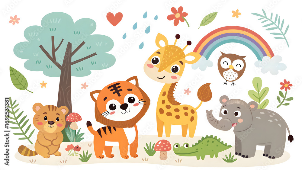 Obraz premium Adorable jungle animals friends collection featuring giraffe lion tiger elephant owl and rhino with rainbow and tree