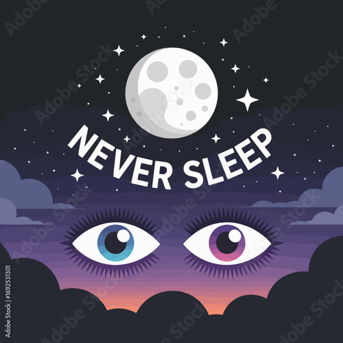 Flat design nightscape with full moon stars and wide open eyes evokes a sense of perpetual wakefulness vector