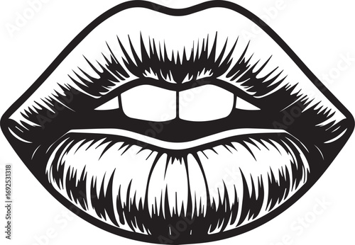 Sensual Lips: A stylized, high-contrast black and white illustration of full lips with perfect definition and detail.