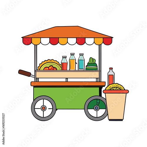 Vibrant street food vendor cart illustration featuring delicious tacos and refreshing drinks