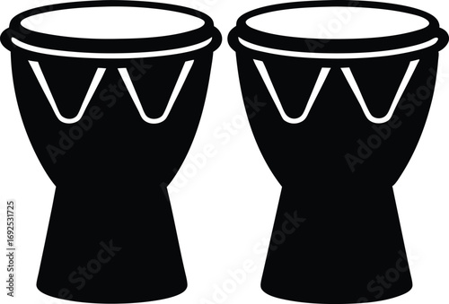 Bongo Drums Silhouette Vector, Percussion Instrument Icon on White Background