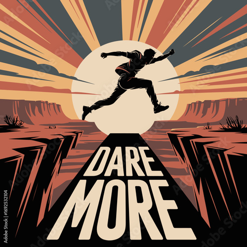 Dynamic silhouette athlete leaping over canyon gorge text dare more sunrise sky motivational action vector
