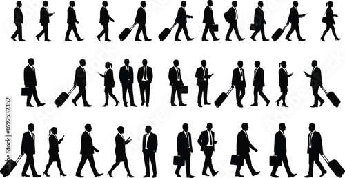Silhouettes of business people walking, carrying briefcases and suitcases, professional attire, corporate travel, business communication, commuting, office workers, teamwork, business lifestyle