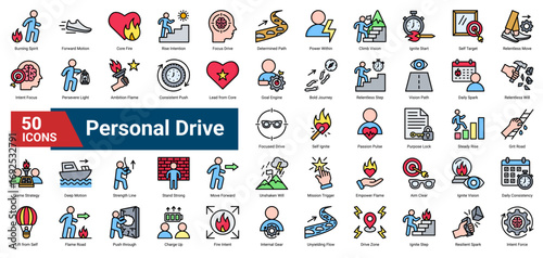  collection of Personal Drive icons. Containing inner fire, motivation, grit, resilience, intention, ambition, and forward motion. Ideal for self-growth and discipline themes.