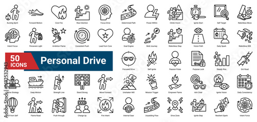  collection of Personal Drive icons. Containing inner fire, motivation, grit, resilience, intention, ambition, and forward motion. Ideal for self-growth and discipline themes.