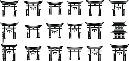Black and white Japanese torii gate icons, traditional Shinto shrine entrance symbols, cultural landmarks, vector architecture set, Asian heritage