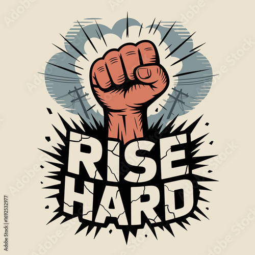 Powerful clenched fist punching upward against explosive rays symbolizing strength determination and triumph over adversity vector
