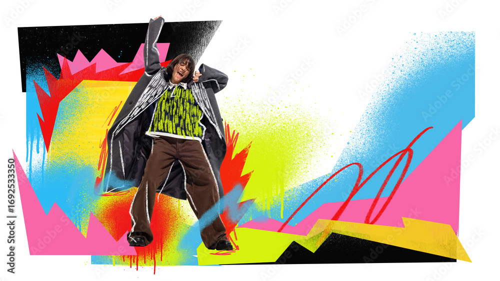 Naklejka premium Bright collage. Girl in oversized coat jumping with bright graffiti art background. Concept of youth freedom, street art culture, bold creativity, and urban lifestyle with expressive joy.