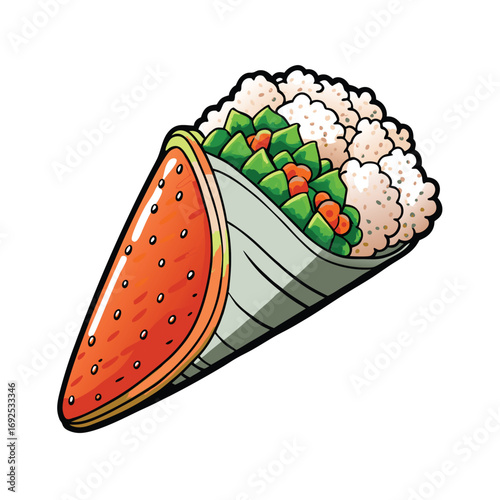 Delicious tuna and cucumber sushi hand roll with rice illustration for culinary or food related designs