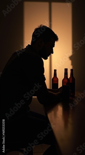 Man sitting at a table with bottles of beer  alcohol addiction