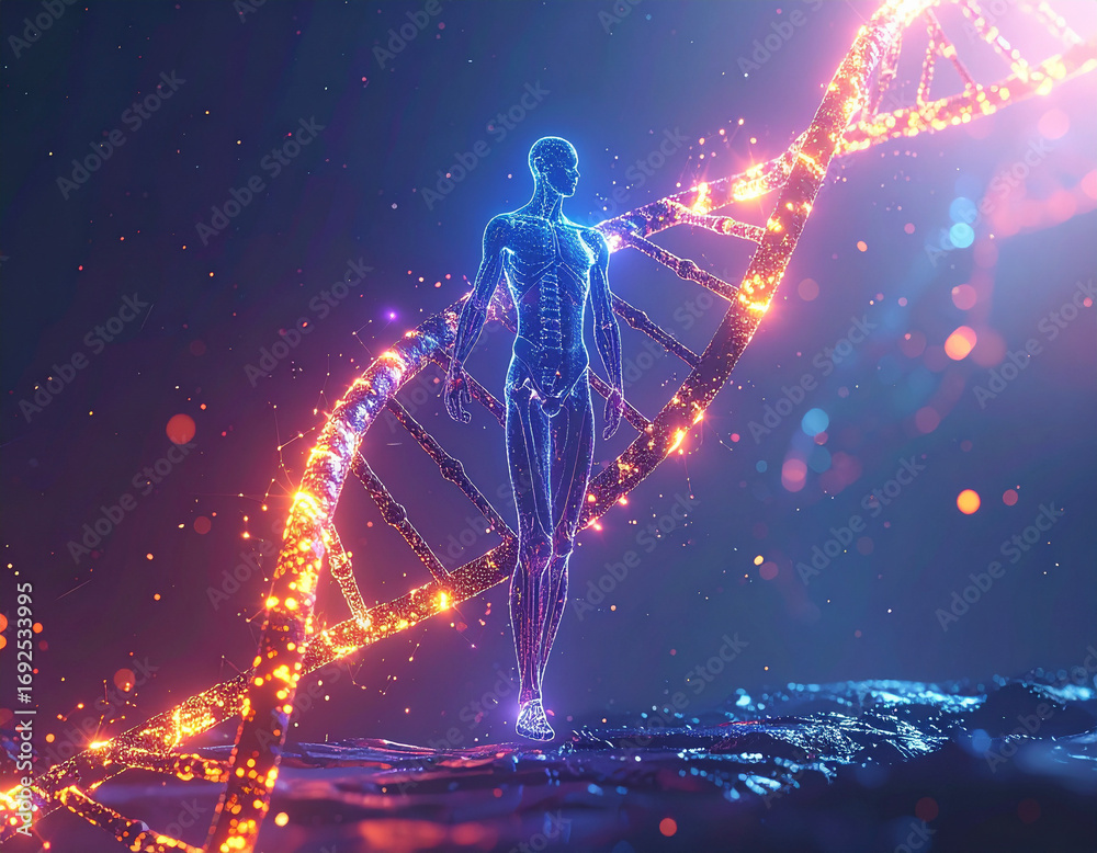 Obraz premium Abstract Body Shape and Glowing DNA Curve