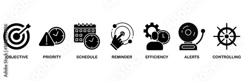 Time management icon set vector illustration concept for objective, priority, schedule, reminder, efficiency, alerts, and controlling