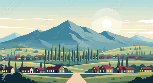 Serene village nestled among rolling hills and majestic mountains under a warm, sunny sky