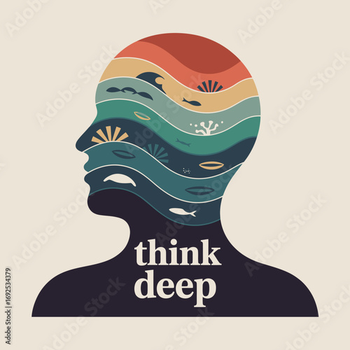 Abstract human head silhouette filled with colorful ocean marine life underwater scene symbolizing deep thinking creativity imagination vector