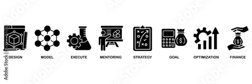 BPM icon set vector illustration concept for business process management with icon of design, model, execute, mentoring, strategy, goal, optimization, finance