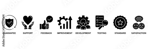 Quality assurance web icon vector illustration concept with icon of guarantee, support, feedback, improvement, development, testing, standard, satisfaction