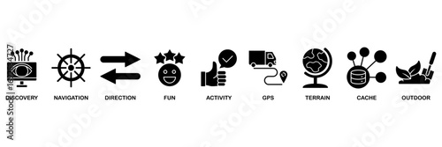 Geocaching icon set vector illustration concept for discovery, navigation, direction, fun, activity, gps, terrain, cache and outdoor