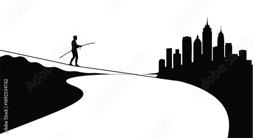 Silhouette of person balancing on tightrope with city skyline in distance