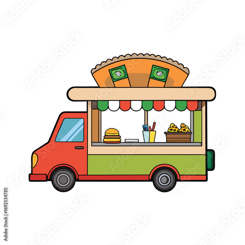 Vibrant taco truck illustration with open window serving delicious food and menu board