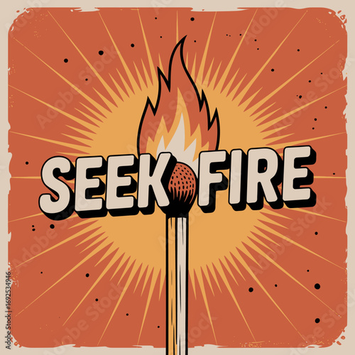 Ignite your potential seek fire inspirational matchstick artwork with fiery flame and retro sunburst effect symbolizing passion and motivation vector