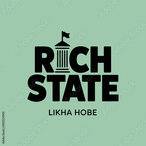 Bold capital font logo rich state likha hobe featuring greek architecture and flag symbolizing prosperity and governance vector