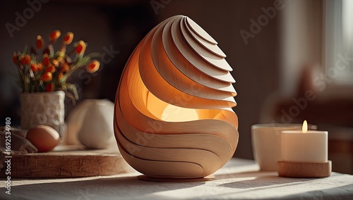 Wooden egg-shaped lamp, warm light,  decorative