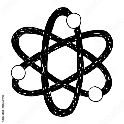 Atom hand-drawn doodle icon electrons nucleus science education innovation.