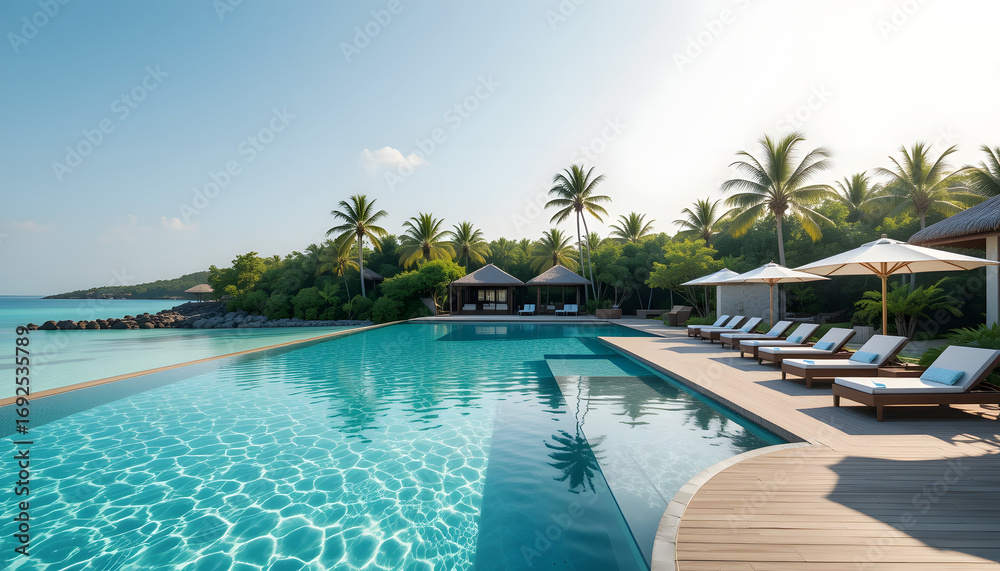 Fototapeta premium High-resolution photorealistic scene of a luxury resort pool in Maldives, crystal clear water, wooden deck, sun loungers, tropical greenery.