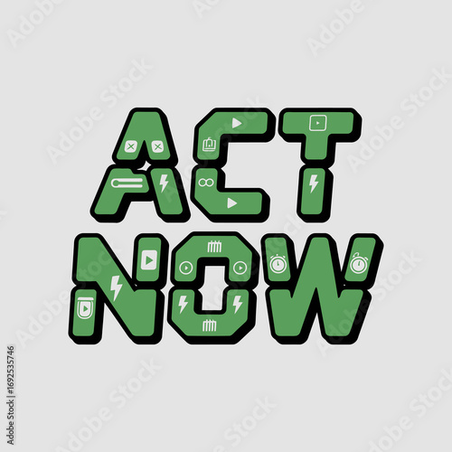 Act now dynamic angular font digital art promoting technology and action with integrated icons for modern concepts vector