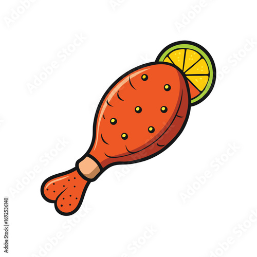 Illustrative tandoori chicken leg with vibrant spices and a fresh lemon wedge presentation