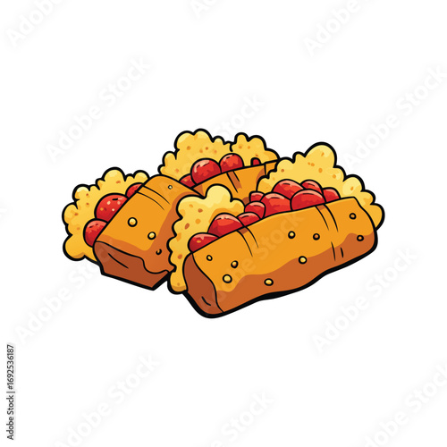 Delicious tater tots topped with melted cheese and savory bacon crumbles on a white background